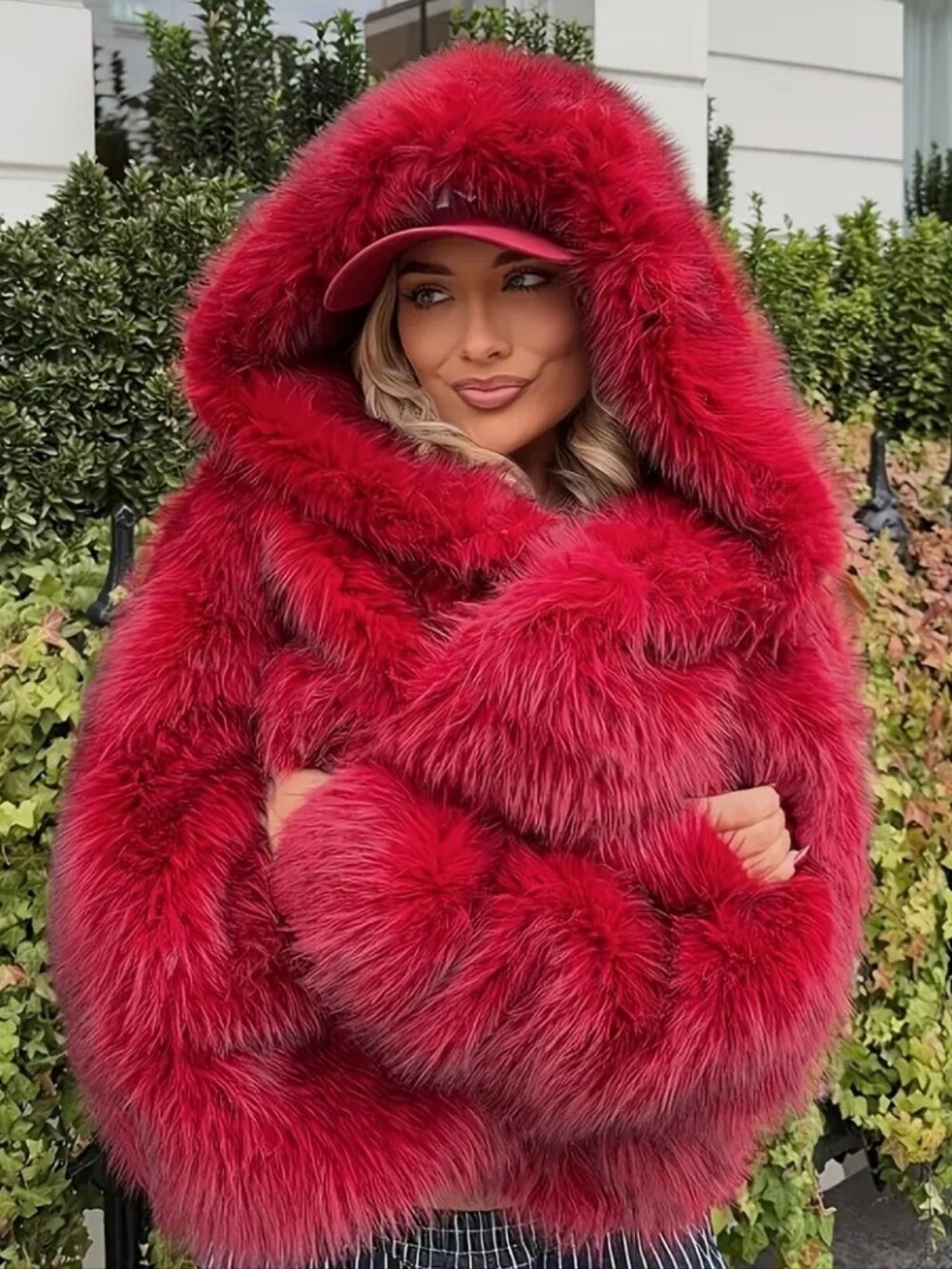 New Winter Women'S Stylish And Elegant Red Faux Coat, Casual Long-Sleeve Hooded - Picture 1 of 5
